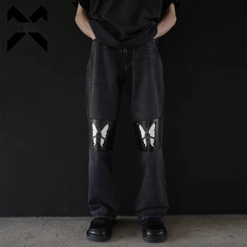 2023 Новые Свободные джинсы, черные брюки с вышивкой бабочки из искусственной кожи в стиле пэчворк, Мужская Женская уличная одежда, джинсовые брюки в стиле хип-хоп
