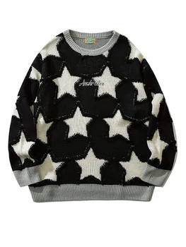 Женский винтажный свитер с круглым вырезом и пятиконечной звездой, мужские осенне-зимние 2023, новые свободные вязаные свитера японской пары