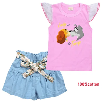 Модная одежда для девочек Disney Lady and the Tramp, Летняя футболка, Шорты, 2 шт./компл. одежды, повседневные спортивные костюмы