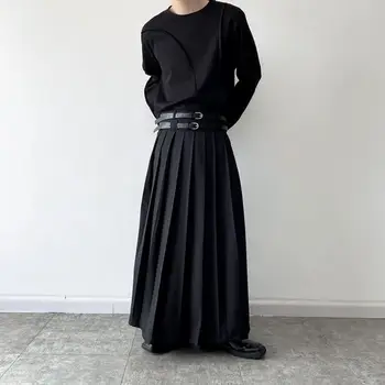 Осень 2023, Новая модная Плиссированная юбка, однотонная Мужская Свободная Темная модель, Дизайн с двойным поясом в нише