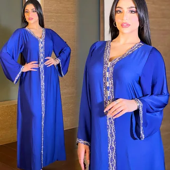Халат Femme Musulmane Весеннее Мусульманское Платье Женское Платье С Голубыми Бриллиантами Арабский Дубайский Халат Abayas Для Женщин Турецкий